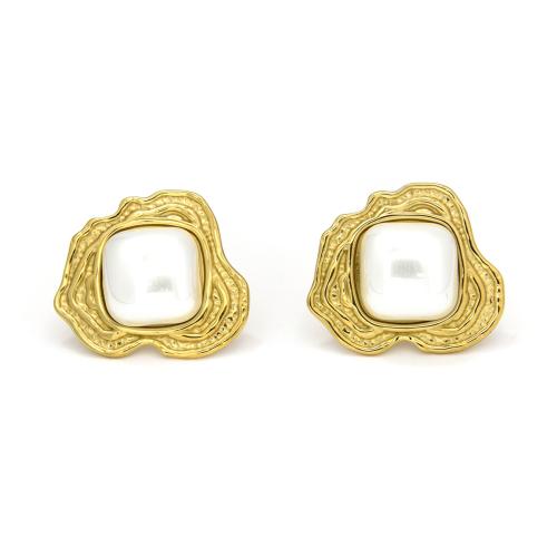 Rostfritt stål Stud Örhängen, 304 rostfritt stål, med Plast Pearl, plated, mode smycken & för kvinna, gyllene, Säljs av Par