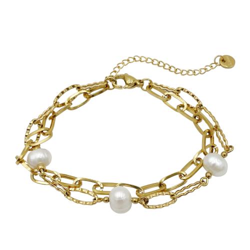 Bracelet en perles de culture d'eau douce, Acier inoxydable 304, avec perle d'eau douce cultivée, Plaqué d'or 14K, Double couche & bijoux de mode & pour femme, Vendu par PC