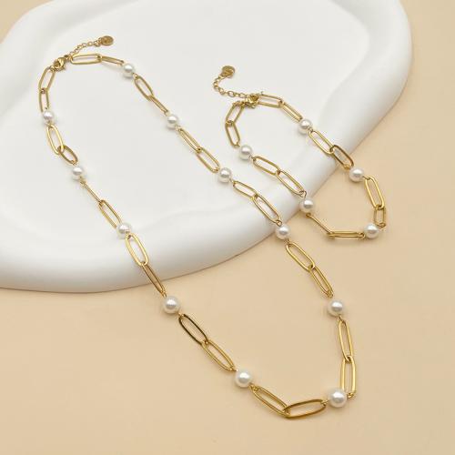 Stainless Steel smycken Ställer, 304 rostfritt stål, med Plast Pearl, 14K guldpläterad, olika stilar för val & för kvinna & ihålig, Säljs av PC