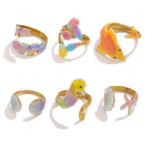 Emaille roestvrij staal vinger ring, 304 roestvrij staal, gold plated, verschillende stijlen voor de keuze & voor vrouw & glazuur, 2pC's/Bag, Verkocht door Bag