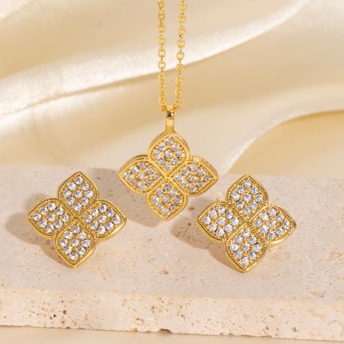 Zircon cubique Micro Pave parures de bijoux en laiton, Trèfle à quatre feuilles, Plaqué d'or 14K, bijoux de mode & pavé de micro zircon & pour femme, Vendu par fixé