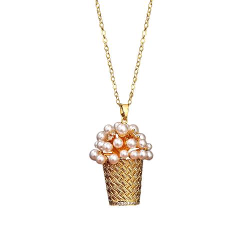 Collana in ottone di stesa Micro zircone cubico, with perla in plastica, Cesto di fiori, Placcato oro 18K, gioielli di moda & Micro spianare cubic zirconia & per la donna, The pendant is 3.6cm long and 2.1cm wide, Lunghezza 46 cm, Venduto da PC