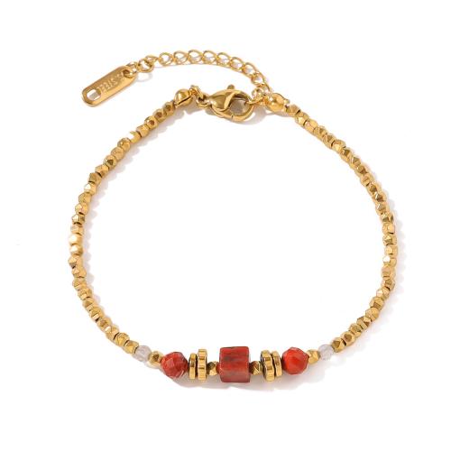 Bracciale gioielli in acciaio inossidabile, 304 acciaio inox, with diaspro rosso & cristallo, Placcato oro 18K, gioielli di moda & per la donna, Venduto da PC