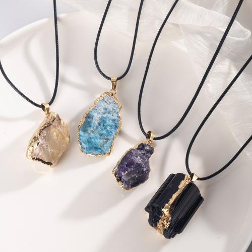 Natural Gemstone Necklace with leather cord & 304 Stainless Steel with 5cm extender chain gold color plated fashion jewelry & Unisex Length 45 cm Sold By PC
