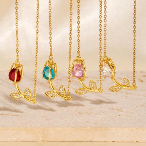 Collier en laiton cubique Zircon Micro Pave, Tulip, Plaqué or 18K, bijoux de mode & pavé de micro zircon & pour femme, plus de couleurs à choisir, Vendu par PC