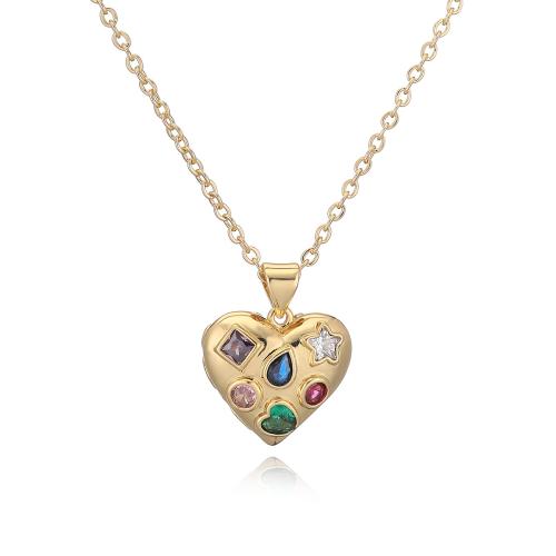 laiton collier, avec 2inch chaînes de rallonge, coeur, Plaqué or 18K, pavé de micro zircon & pour femme, plus de couleurs à choisir, Longueur Environ 17.7 pouce, Vendu par PC