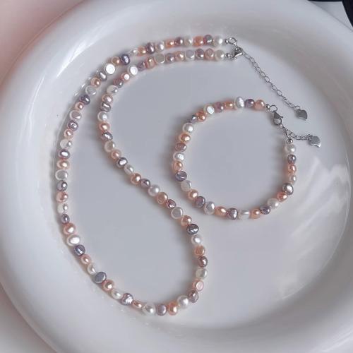 Sets de Perlas Cultivadas de Agua Dulce, pulsera & collar, plata de ley 925, con Perlas cultivadas de agua dulce, Barroco, chapado, Joyería, más colores para la opción, 5-6mm, Vendido por UD