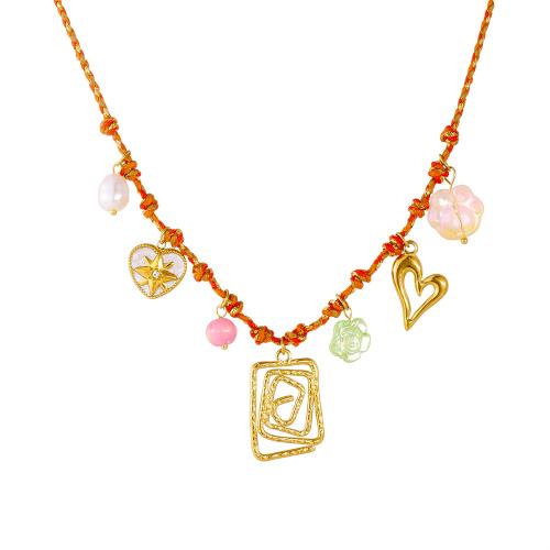 Stainless Steel smycken halsband, 304 rostfritt stål, med Bomullstråd & Plast Pearl & Akryl, guldfärg pläterade, för kvinna & med strass & ihålig, Säljs av PC