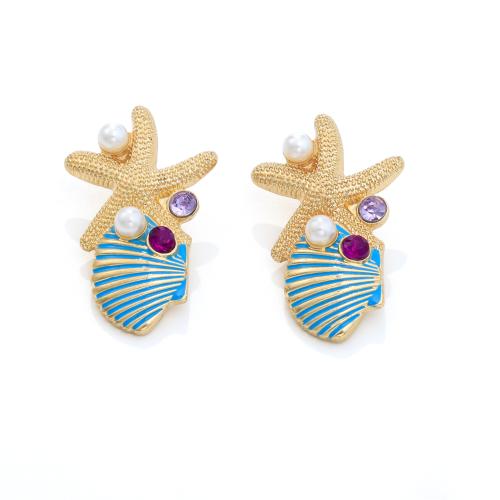Sinkkiseos Stud Korvakorut, kanssa Muovi Pearl, Meritähti, kullan väri kullattu, muoti korut & naiselle & emali & tekojalokivi, enemmän värejä valinta, 30x44mm, Myymät Pair