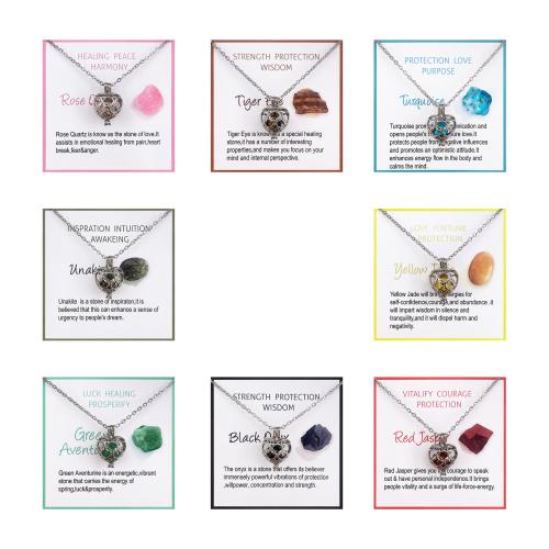 Acier inoxydable 304 collier, avec pierre gemme & laiton, coeur, Placage de couleur platine, différents matériaux pour le choix & unisexe & chaîne ovale, Longueur Environ 17.7 pouce, Vendu par PC