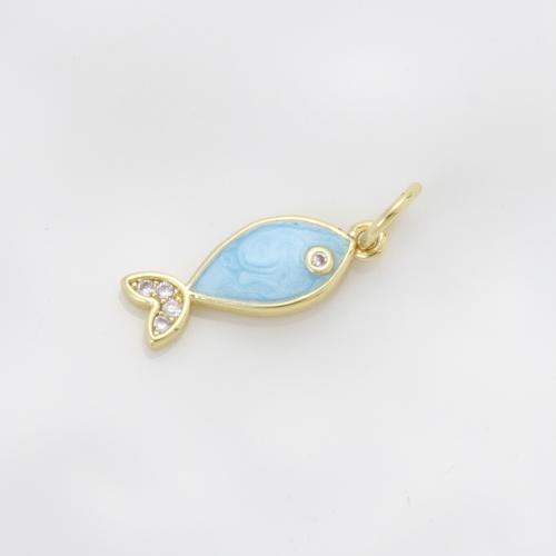 Cubique Pendentif en laiton zircon pavent, poisson, Placage, DIY & pavé de micro zircon & émail, bleu, protéger l'environnement, sans nickel, plomb et cadmium, 15.40x6x2mm, Vendu par PC