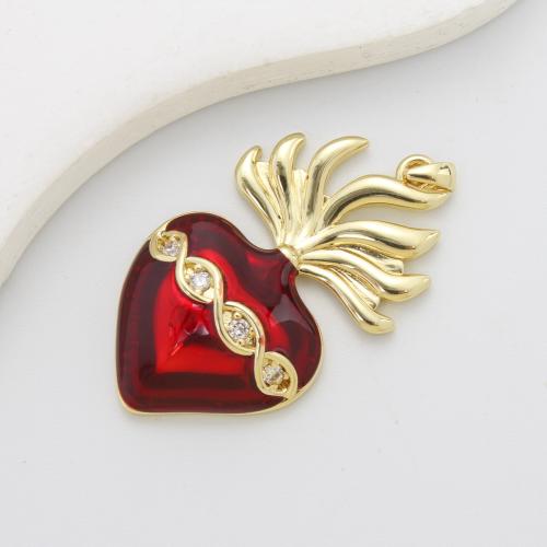 Cubique Pendentif en laiton zircon pavent, coeur, Placage, DIY & pavé de micro zircon & émail, rouge, 39.50x23.50x6.50mm, Vendu par PC