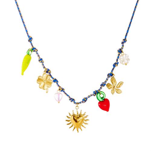 Stainless Steel smycken halsband, 304 rostfritt stål, med Bomullstråd & Akryl, guldfärg pläterade, olika stilar för val & för kvinna & emalj, Säljs av PC