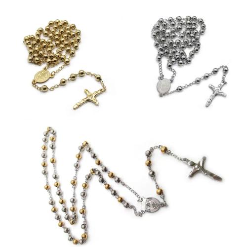 Collier de chapelet, Acier inoxydable 304, croix, Placage, bijoux de mode, plus de couleurs à choisir, 6mm, Longueur 49.5 cm, Vendu par PC