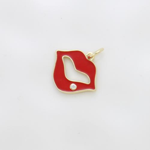 Cubique Pendentif en laiton zircon pavent, lèvre, Placage, DIY & pavé de micro zircon & émail, rouge, protéger l'environnement, sans nickel, plomb et cadmium, 13.30x15x1.60mm, Vendu par PC