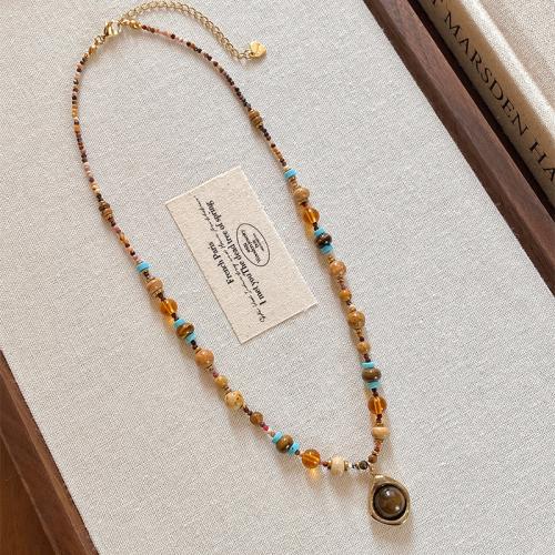 Edelstein Schmuck Halskette, Titanstahl, mit Tigerauge & Lampwork, mit Verlängerungskettchen von 5cm, handgemacht, Modeschmuck & für Frau, Kaffeefarbe, Länge 40 cm, verkauft von PC