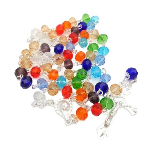 Collier de chapelet, alliage de zinc, avec cristal, croix, Placage, bijoux de mode, plus de couleurs à choisir, 6x8mm, Longueur 72 cm, Vendu par PC