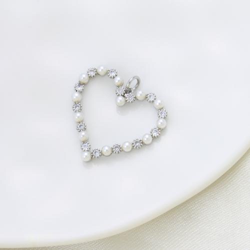 Cubique Pendentif en laiton zircon pavent, avec perle de plastique, coeur, Placage, DIY & pavé de micro zircon & creux, argent, protéger l'environnement, sans nickel, plomb et cadmium, 23.40x25x3.30mm, Vendu par PC