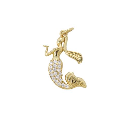 Cubique Pendentif en laiton zircon pavent, sirène, Placage, DIY & pavé de micro zircon, doré, protéger l'environnement, sans nickel, plomb et cadmium, 22.30x13x2.50mm, Vendu par PC