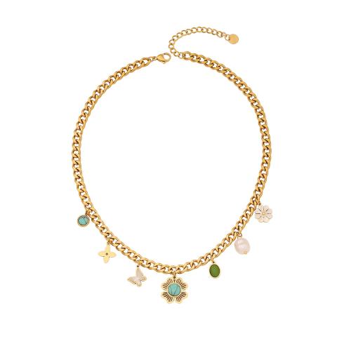 Stainless Steel Jewelry Necklace 304 Stainless Steel with Turquoise & White Shell & Plastic Pearl plated fashion jewelry & for woman golden Sold By PC