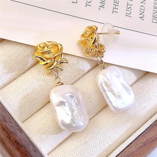 Boucles d'oreilles en perles d'eau douce, laiton, avec perle d'eau douce cultivée, Rose, Placage, bijoux de mode, couleurs mélangées, 15x35mm, Vendu par paire