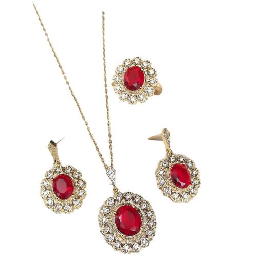 Cubic Zirconia Micro Pave Brass Jewelry Sets Stud Earring & finger ring & necklace plated fashion jewelry & micro pave cubic zirconia & with rhinestone nickel lead & cadmium free Sold By Set