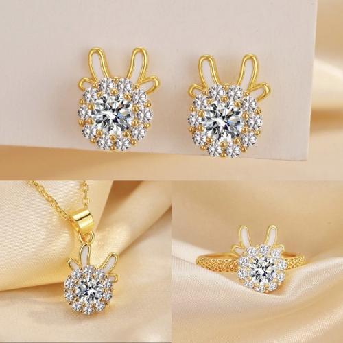 Rhinestone Jewelry Sets Stud Earring & finger ring & necklace Zinc Alloy Antlers plated fashion jewelry & with rhinestone Sold By Set