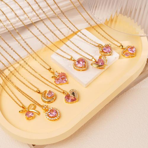 Cubic Zircon Micro Pave Brass Necklace with 304 Stainless Steel Chain plated & micro pave cubic zirconia & for woman golden Sold By PC