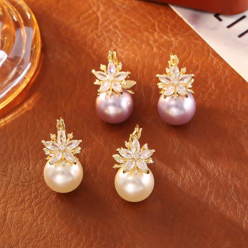 Cubic Zirconia Micro Pave Brass Earring with Cats Eye & Plastic Pearl 18K gold plated fashion jewelry & micro pave cubic zirconia & for woman Sold By Pair