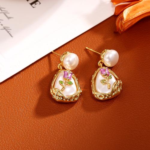 Brass Drop Earring with Plastic Pearl fashion jewelry & for woman & enamel golden Sold By Pair