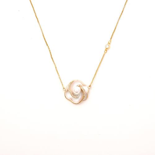 Brass Necklace with Plastic Pearl gold color plated micro pave cubic zirconia & for woman & enamel Sold By PC