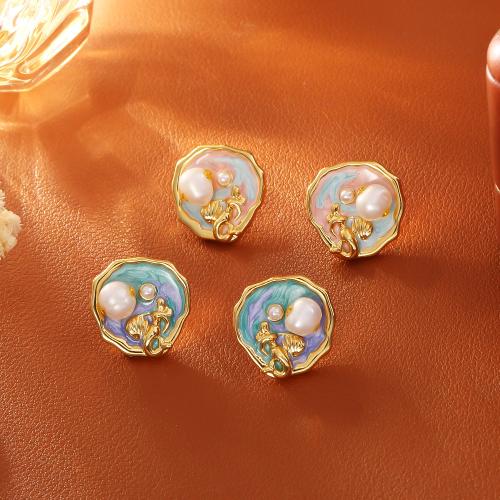 Sladkovodní Pearl náušnice, Mosaz, s Sladkovodní Pearl, barva pozlacený, módní šperky & pro ženy & smalt, více barev na výběr, Prodáno By Pair