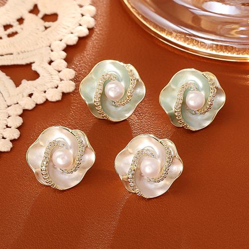 Freshwater Pearl Earrings Brass with Freshwater Pearl Flower painted fashion jewelry & for woman & with rhinestone Sold By Pair
