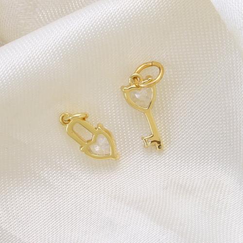Cubic Zirconia (CZ) Brass Hängen, Mässing, Lås och nyckel, plated, DIY & micro bana cubic zirconia, gyllene, 12.30x5.20x2.80mm, Säljs av PC