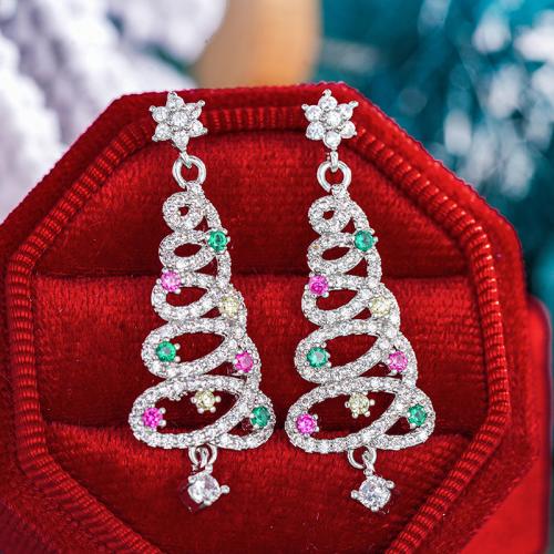 Boucles d'oreilles de Noël, laiton, arbre de noël, Placage, Conception de Noël & pavé de micro zircon & pour femme & creux, Vendu par paire