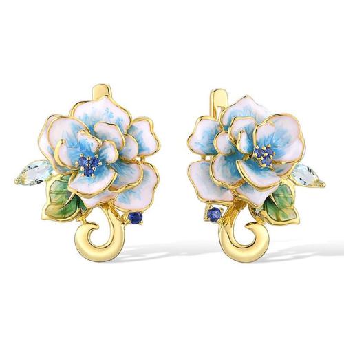 Cilindrata Zircone Orecchini in ottone micro pavimenta, Fiore, placcato, Effetto 3D & Micro spianare cubic zirconia & per la donna & smalto, Venduto da coppia