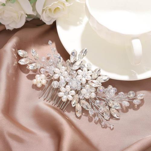 Decorative Hair Combs Plastic Pearl with brass wire & Rhinestone handmade fashion jewelry & for woman silver color Sold By PC