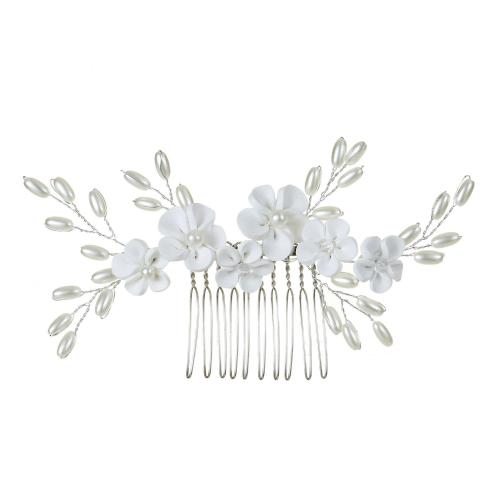 Decorative Hair Combs Zinc Alloy with brass wire & Polymer Clay & Plastic Pearl handmade fashion jewelry & for woman white Sold By PC