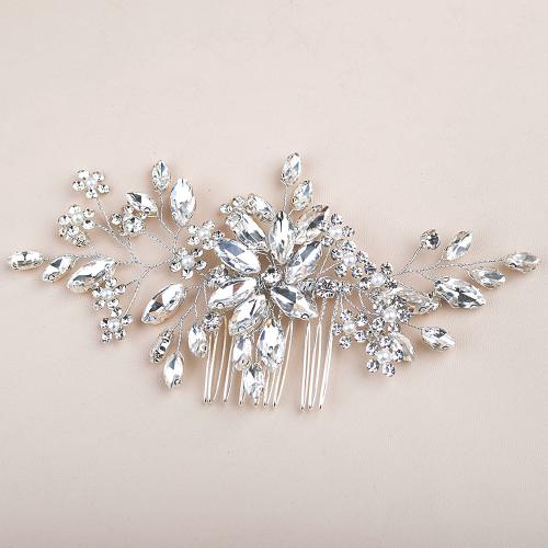 Decorative Hair Combs Plastic Pearl with brass wire & Rhinestone handmade fashion jewelry & for woman silver color Sold By PC