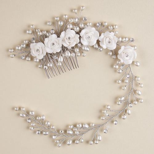 Decorative Hair Combs Zinc Alloy with brass wire & Polymer Clay & Glass & Plastic Pearl handmade fashion jewelry & for woman silver color Sold By PC