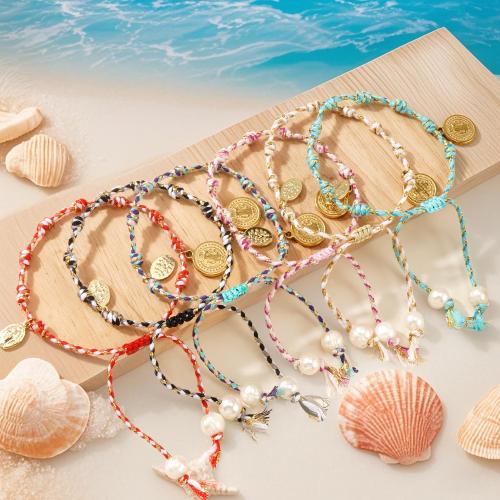 Bijoux bracelets de mode, Fil de coton, avec perle de plastique & alliage de zinc, Placage de couleur d'or, bijoux de mode, plus de couleurs à choisir, Vendu par PC