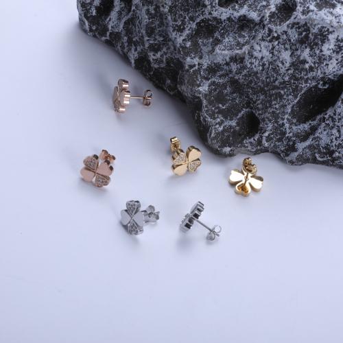 Rostfritt stål Stud Örhängen, 304 rostfritt stål, Four Leaf Clover, plated, mode smycken & med strass, fler färger för val, Säljs av Par