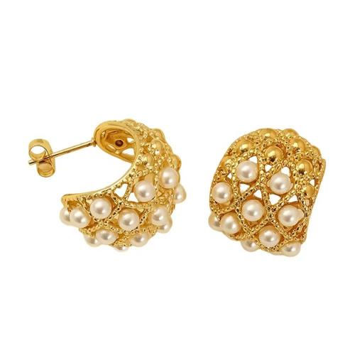 Rostfritt stål Stud Örhängen, 304 rostfritt stål, med Plast Pearl, guldfärg pläterade, mode smycken, gyllene, Säljs av Par