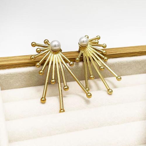 Rostfritt stål Stud Örhängen, 304 rostfritt stål, med Plast Pearl, guldfärg pläterade, mode smycken, gyllene, Säljs av Par