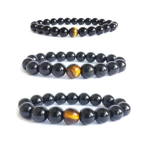Bracelets de pierres précieuses, pierre noire, avec oeil de tigre, bijoux de mode, couleurs mélangées, Longueur 21 cm, Vendu par PC