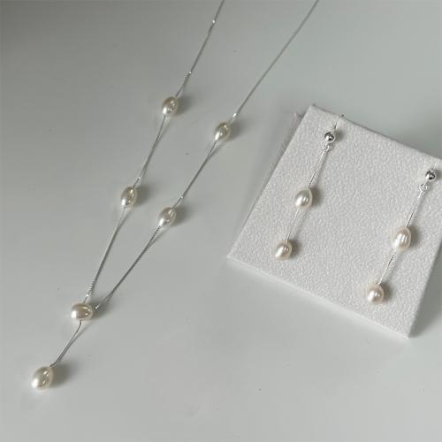 Přírodní Kultivované Sladkovodní Pearl šperky Soupravy, náušnice & náhrdelník, 925 Sterling Silver, s Sladkovodní Pearl, barva stříbrná á, módní šperky, více barev na výběr, 10x10x10mm, Prodáno By PC