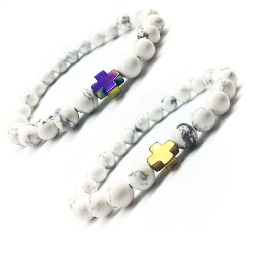 Bracelets de pierres précieuses, Magnésite, avec fer, croix, bijoux de mode, plus de couleurs à choisir, 8mm, Longueur 21 cm, Vendu par PC