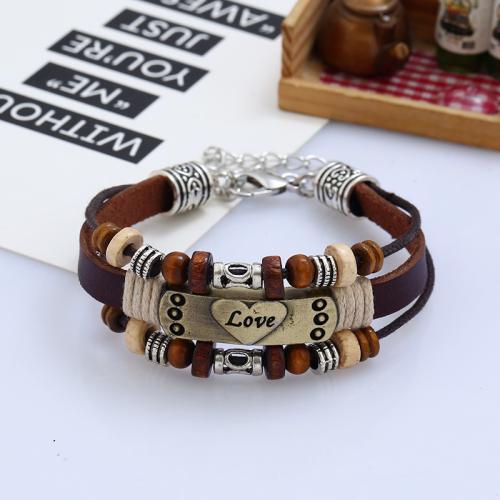 Bracelet de cuir de vachette, corde de cire, avec cuir de peau de vache & bois, Placage de couleur d'or, bijoux de mode & multicouche, plus de couleurs à choisir, 210x8mm, Longueur 21 cm, Vendu par PC