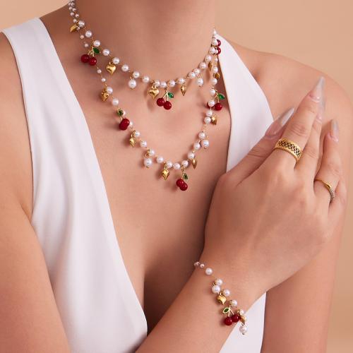 Cubic Zirconia Stainless Steel smycken, armband & halsband, 304 rostfritt stål, med Harts & Plast Pearl, guldfärg pläterade, mode smycken & micro bana cubic zirconia, fler färger för val, Säljs av PC