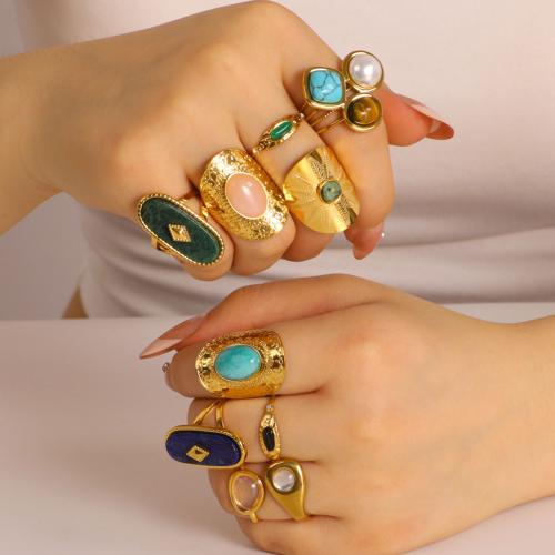 Gemstone Finger Ring, 304 rostfritt stål, med Natursten & Plast Pearl, guldfärg pläterade, mode smycken, fler färger för val, Säljs av PC